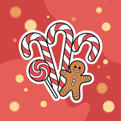 Naklejka premium Festive Holiday Treats: A Cheerful Gingerbread Man Surrounded by Candy Canes and a Lollipop on a Red Background