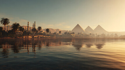 Photorealistic Nile River at Golden Hour with Ancient Egyptian Monuments &ndash; 16:9 Landscape