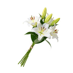Obraz premium A delicate bouquet isolated on transparent background featuring pristine white lilies with vibrant green buds and leaves, tied together with natural twine, showcasing the simple beauty and elegance of