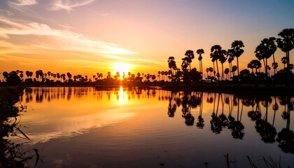 Obraz premium Golden sunset paints the sky over a calm lake reflecting silhouette trees, creating a tranquil, warm scene