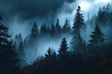 Dark forest shrouded in mist a mysterious and moody landscape of tall evergreens under a twilight sky