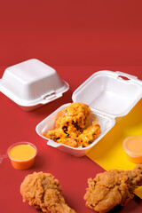 Close-up of crispy fried chicken topped with melted cheese in a foam takeout box, with cheese dip. Red background; perfect for delivery ads, menu layouts, and social media promos.