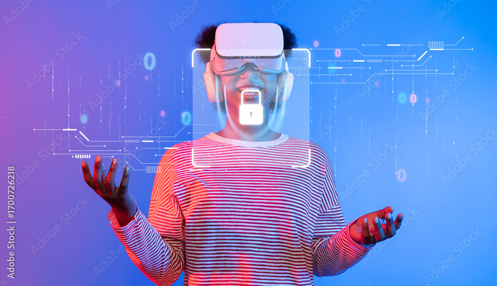 Aufkleber a young individual immersed in virtual reality, surrounded by graphics representing data security an
