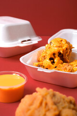 Close-up of crispy fried chicken topped with melted cheese in a foam takeout box, with cheese dip. Red background; perfect for delivery ads, menu layouts, and social media promos.