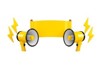 Yellow megaphones and banner with lightning symbols on transparent background, PNG