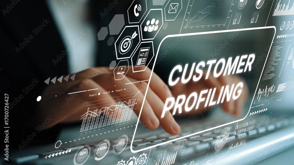 Poster business professional engaging in customer profiling and data analysis for enhanced marketing strate
