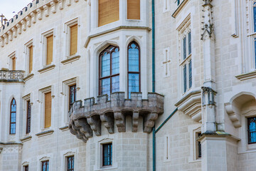 Historic european castle facade with gothic architectural elements