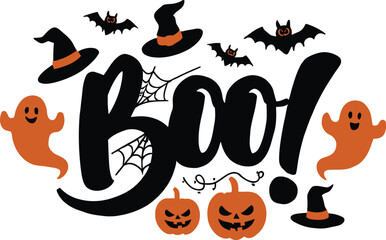 Spooky halloween boo with ghosts bats pumpkins and witch hats festive design vector t shirt design
