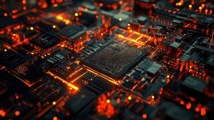 Obraz premium Detailed Circuit Board with Glowing Orange Lights and Processor technology computer photo