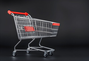 Empty shopping cart on a dark background, symbolizing upcoming Black Friday sales, discounts, and massive shopping events