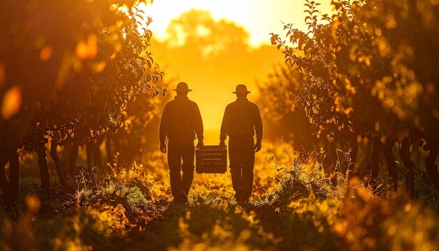 Agriculture scene of two farmers walking through a sunlit vineyard at sunrise.