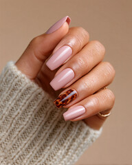 Fototapeta premium Neutral Pink Manicure with Tortoiseshell or leopard Accent — Cozy Autumn Banner, Salon & Polish Color