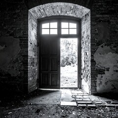 Dark interior room, weathered doorway to light