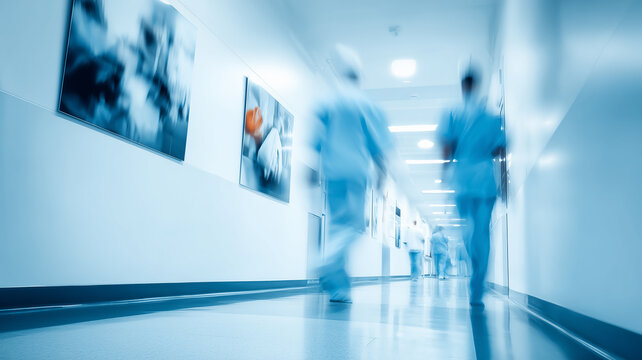 Busy hospital corridor with medical staff in motion capturing emergency response and continuous patient care operations within a modern healthcare facility.