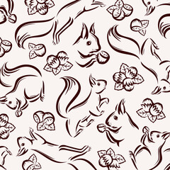 Fototapeta premium Squirrel background, pattern set. Collection icons squirrel. Vector
