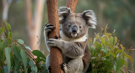 Fototapeta premium Adorable koala playfully clings to eucalyptus tree bathed in soft morning light. AI Generated