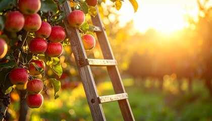 Apple tree with ripe red apples and a ladder in a sunny orchard.