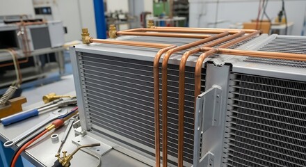 Copper pipes connected to an industrial heat exchanger unit.