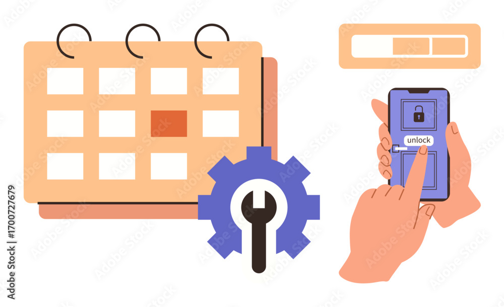 Poster hands using a smartphone to unlock screen next to a calendar and gear icon. ideal for security, time