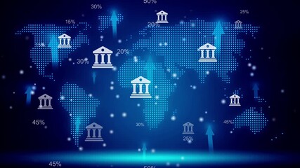 Global Financial Growth Banking Institutions Worldwide Economic Expansion Upward Trends Percentage Indicators Digital World Map Technology Finance Business Success - Powered by Adobe