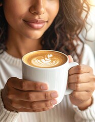 hiperrealista en plano cercano de una persona an&oacute;nima sujetando una taza de caf&eacute; ar&aacute;bico cremoso, con espuma y textura visible en la superficie. La taza se muestra claramente enfocada en primer plano,