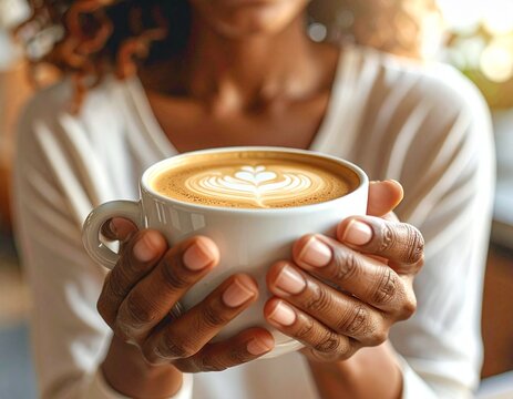 hiperrealista en plano cercano de una persona an&oacute;nima sujetando una taza de caf&eacute; ar&aacute;bico cremoso, con espuma y textura visible en la superficie. La taza se muestra claramente enfocada en primer plano,