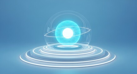 Futuristic Blue Energy Sphere Glowing With Atomic Structure on Display Platform