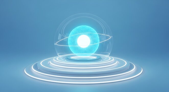 Futuristic Blue Energy Sphere Glowing With Atomic Structure on Display Platform