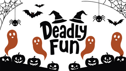 Spooky halloween decoration deadly fun design with ghosts bats pumpkins and spiderwebs vector t shirt design
