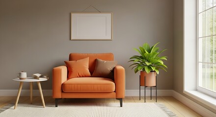 Cozy modern interior featuring an orange armchair plant table and blank frame with neutral tones