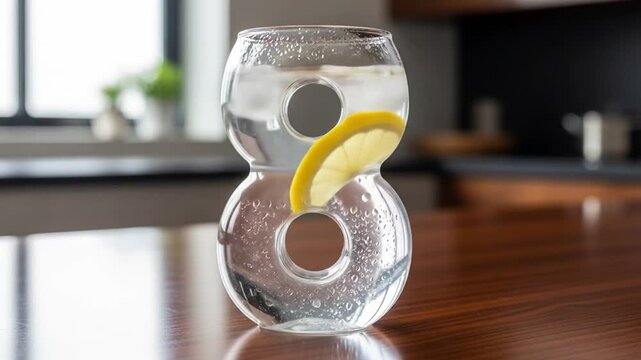 Number eight shaped glass filled with ice water and lemon