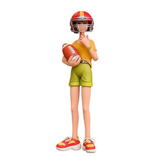 3d rendering of stylized thoughtful asian teen girl in casual clothes yellow t-shirt, red sports helmet, holding american football ball, standing touching chin with hand, thinking on white background.