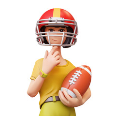 3d rendering portrait of stylized thoughtful asian teen girl in casual clothes yellow t-shirt, red sports helmet, holding american football ball, touching chin with hand, thinking on white background.