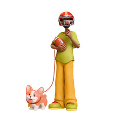 3d rendering of stylized thoughtful bearded african guy in red sports helmet, holding american football ball, standing touching chin with hand, thinking, holding corgi dog on leash on white background