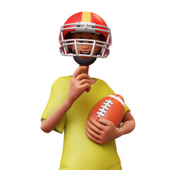 3d rendering portrait of stylized thoughtful bearded african guy in casual clothes, green t-shirt, red sports helmet, holding american football ball, touching chin with hand, thinking white background