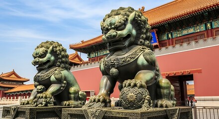 Bronze Lion Statues Guarding the Forbidden City, Beijing.