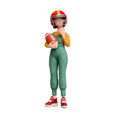 3d rendering of stylized thoughtful asian girl in casual fashion clothes green overalls, red sports helmet holding american football ball standing touching chin with hand, thinking on white background