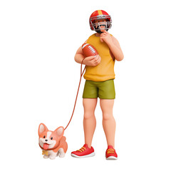 3d rendering of stylized thoughtful bearded muscular man in red sports helmet, holding american football ball, standing touching chin with hand, thinking, holding corgi dog on leash, white background.