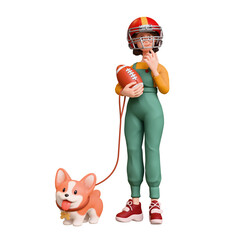 3d rendering of stylized thoughtful asian teen girl in overalls, red sports helmet holding american football ball standing touching chin with hand, thinking holding corgi dog on leash white background