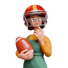 3d rendering portrait of stylized thoughtful asian girl in casual fashion clothes green overalls, red sports helmet holding american football ball touching chin with hand, thinking on white background