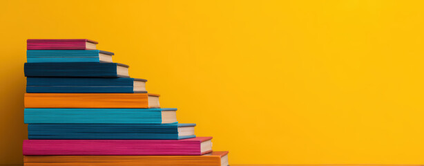 A colorful stack of books arranged in a stair-like formation against a bright yellow background.