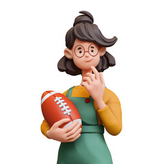 3d rendering portrait of cute stylized thoughtful asian brunette girl in glasses, casual clothes, green overalls, holding american football ball, touching chin with hand, thinking on white background.