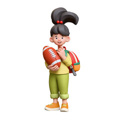 3d rendering of stylized thoughtful asian child girl in casual clothes green pullover with school backpack, holding american football ball, standing touching chin with hand, thinking, white background