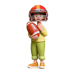 3d rendering of stylized thoughtful asian child girl in casual clothes, green pullover, red sports helmet holding american football ball, standing touching chin with hand, thinking on white background