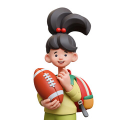 3d rendering portrait of stylized thoughtful asian child girl in casual clothes green pullover with school backpack, holding american football ball, touching chin with hand, thinking, white background
