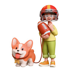 3d rendering of stylized thoughtful asian child girl in red sports helmet, holding american football ball, standing touching chin with hand, thinking, holding corgi dog on leash on white background.