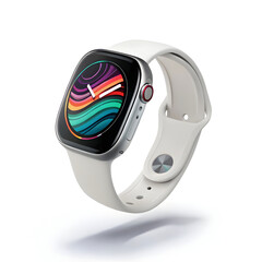 Fototapeta premium A sleek, round digital smartwatch featuring modern technology, showcased as floating in the