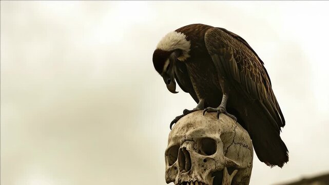 Vulture Perched on Human Skull