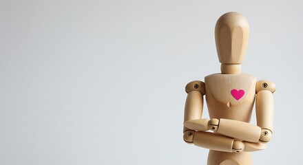 Wooden mannequin with pink heart symbol isolated on white background