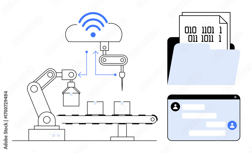 Aufkleber smart robotic arm on factory line connected to cloud, binary data folder, and chat interface. ideal 